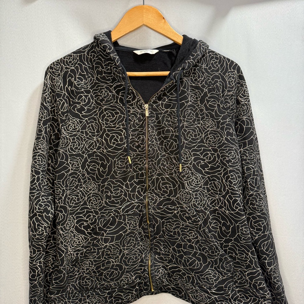 Liz Claiborne Black Zip-Up Hoodie Women’s L/XL Floral Rose Print